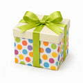 Geschenkbox 20 x 20 x 20 cm aus Karton Weiß mit bunten Punkten und grüner Schleife