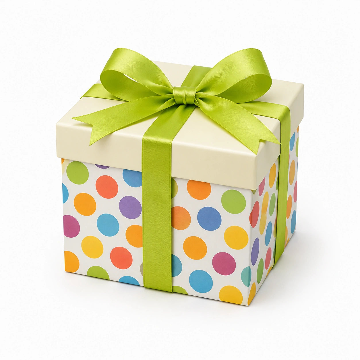 Geschenkbox 20 x 20 x 20 cm aus Karton Weiß mit bunten Punkten und grüner Schleife