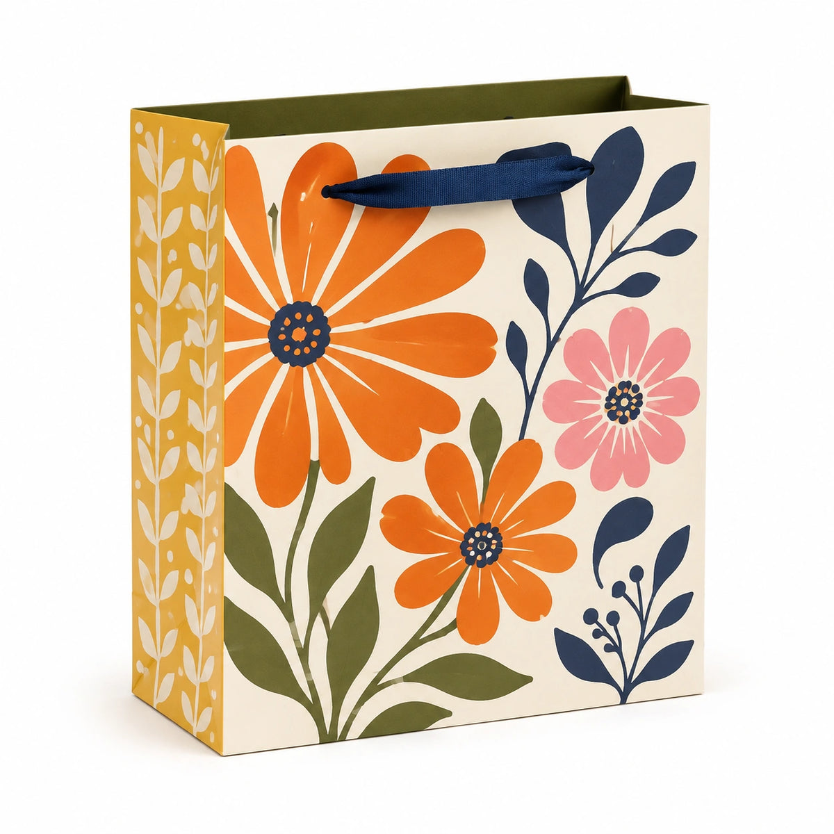 Geschenktüte 32 x 12 x 26 cm aus Papier Cremefarben mit Blumenmuster und Tragekordel
