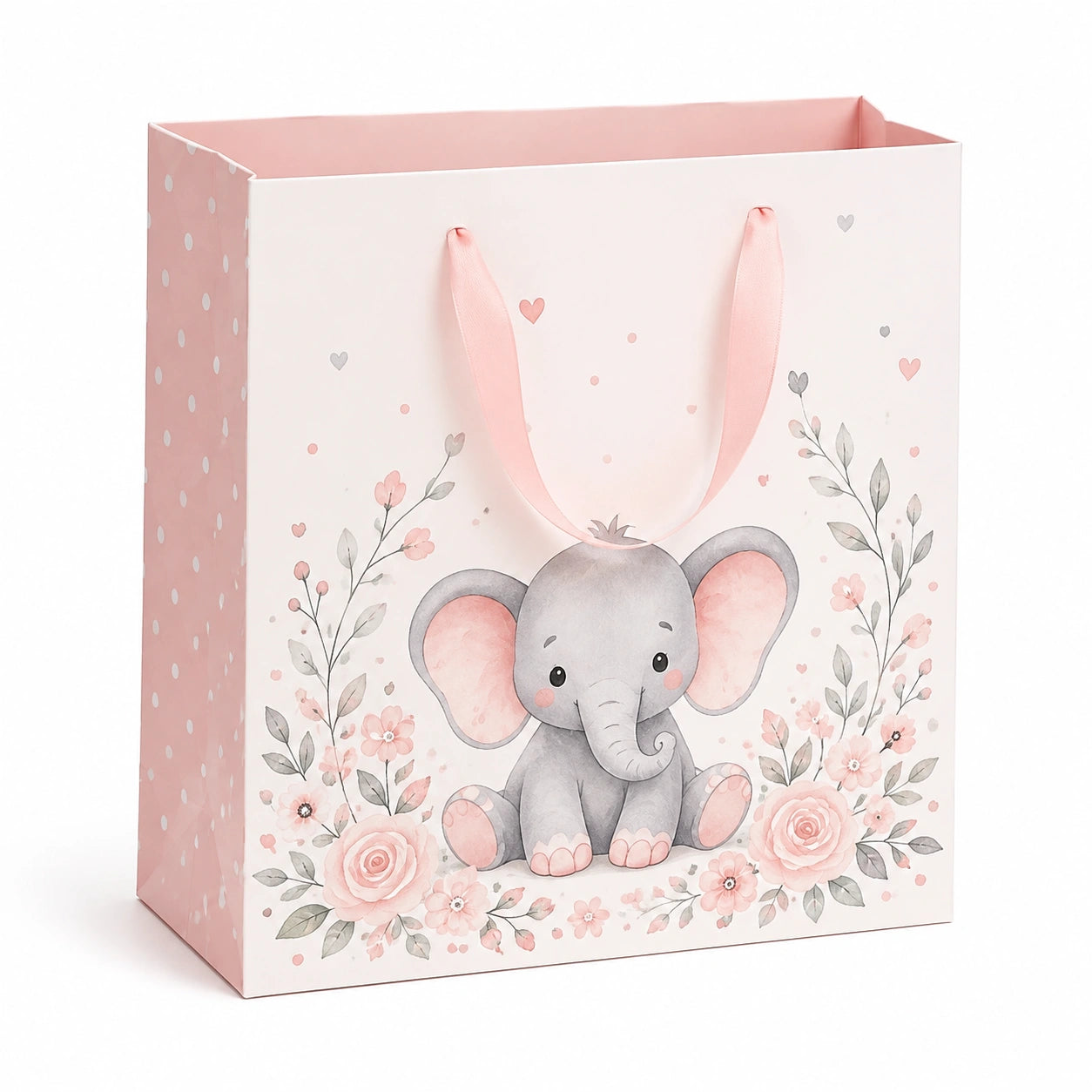 Geschenktüte 32 x 12 x 40 cm aus Kartonpapier Rosa mit Elefantenmotiv und Tragegriffen