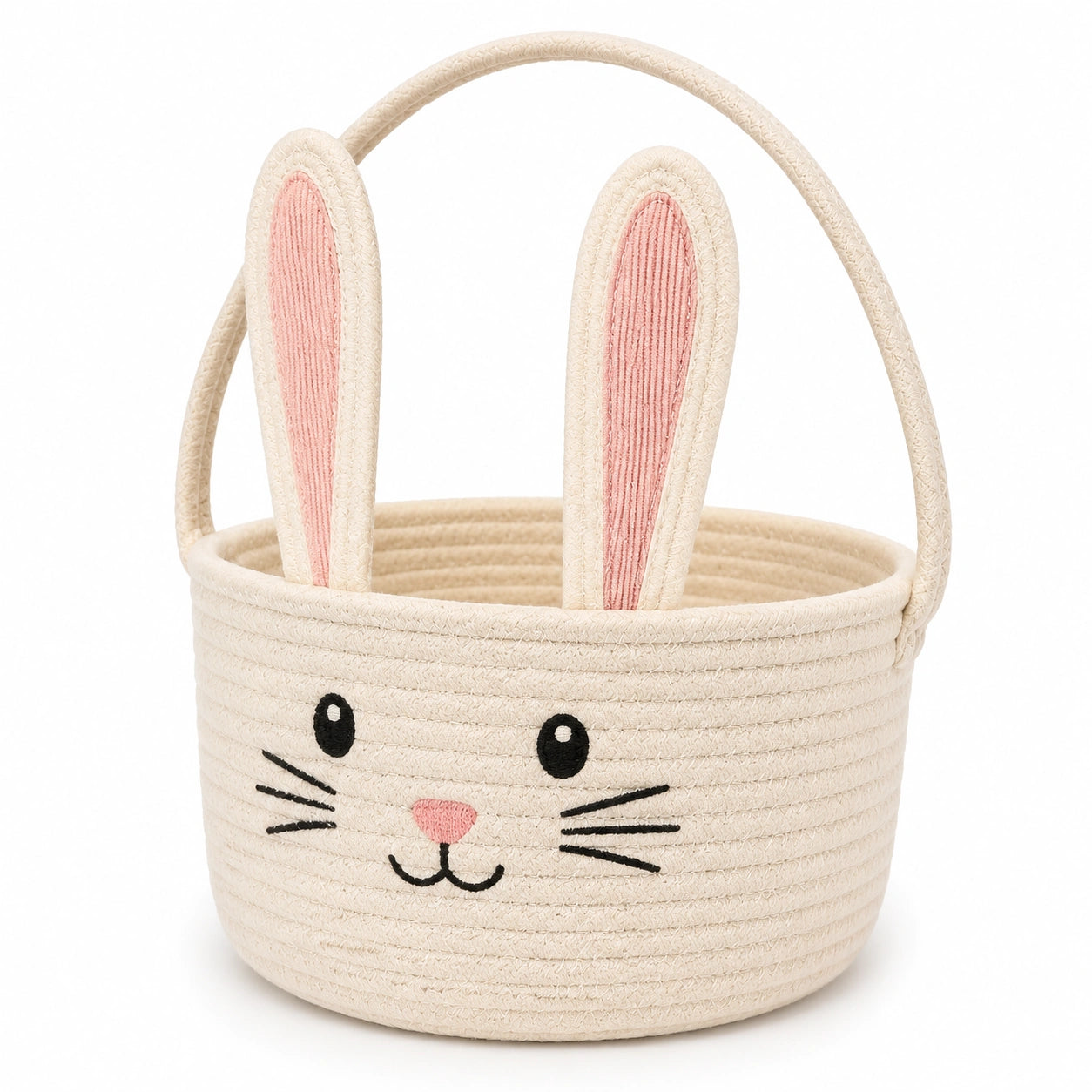 Aufbewahrungskorb 22 cm Baumwollkordel Creme Rosa mit Hasenmotiv und Henkel