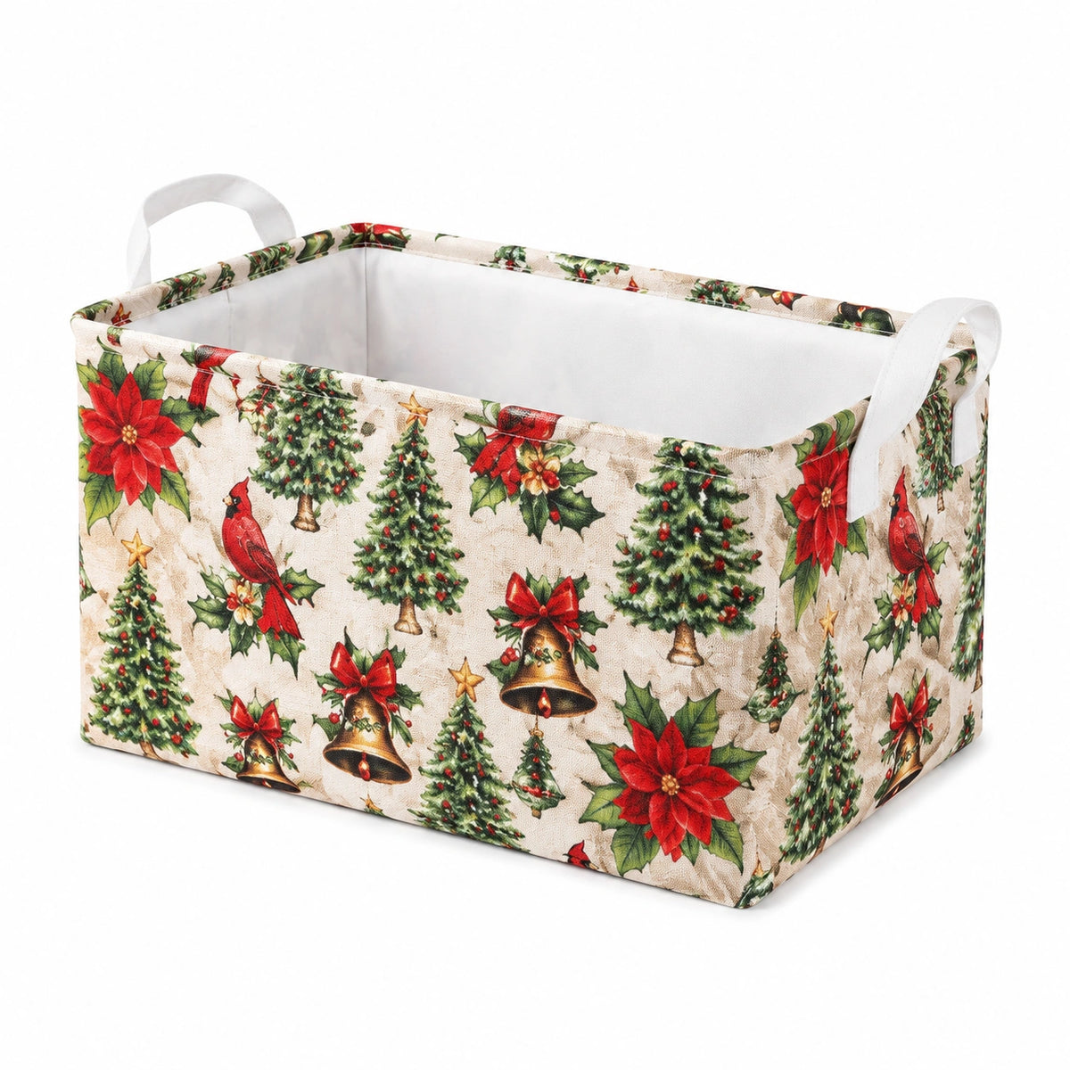 Aufbewahrungskorb 40 x 30 x 25 cm Textil Beige Rot Grün mit Weihnachtsmotiv und Tragegriffen