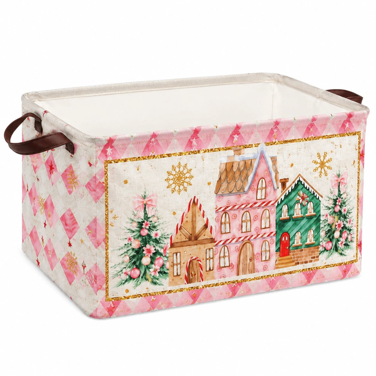 Aufbewahrungskorb 40 x 30 x 30 cm Stoff Rosa Weiß mit Tragegriffen Weihnachtsmotiv