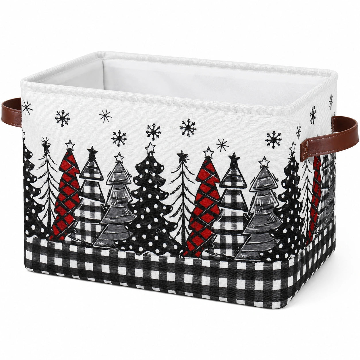 Aufbewahrungskorb 38 x 26 x 25 cm Stoff Weiß Schwarz Rot mit Kunstledergriffen Weihnachtsmotiv faltbar