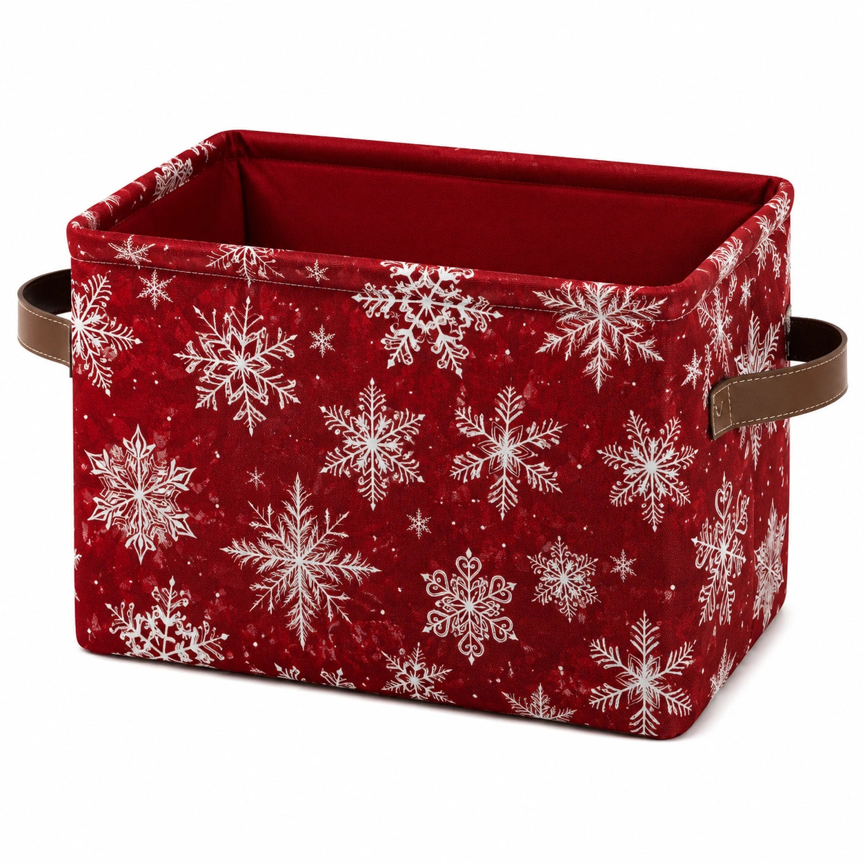 Aufbewahrungskorb 38 x 28 x 28 cm Stoff Rot Weiß Schneeflockenmuster mit Kunstledergriffen