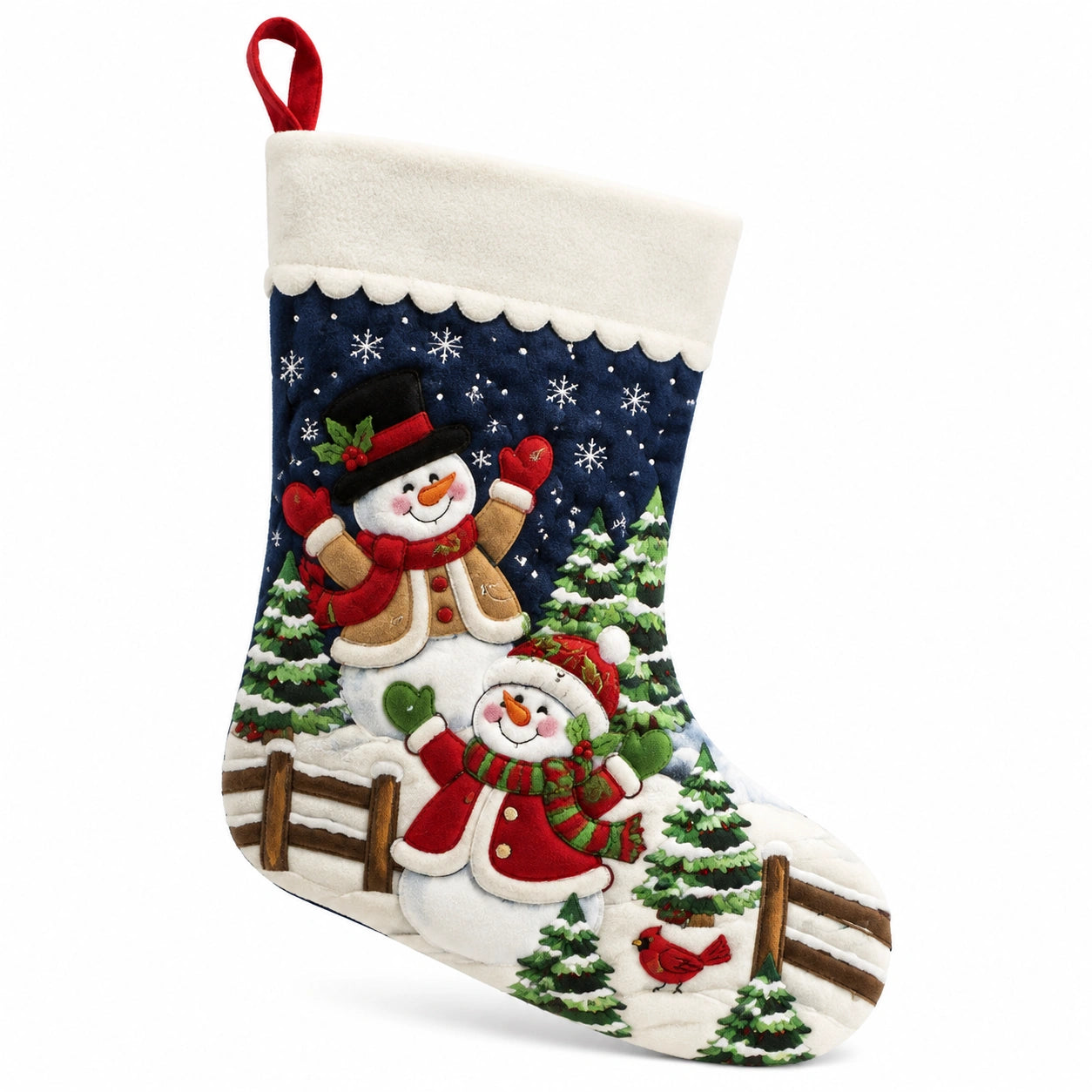 Weihnachtsstrumpf 45 cm aus Textil in Weiß Blau Rot mit Schneemannmotiv zum Aufhängen