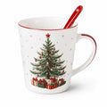 Keramiktasse 400 ml Weiß Rot Grün mit Weihnachtsbaum Motiv und Löffel
