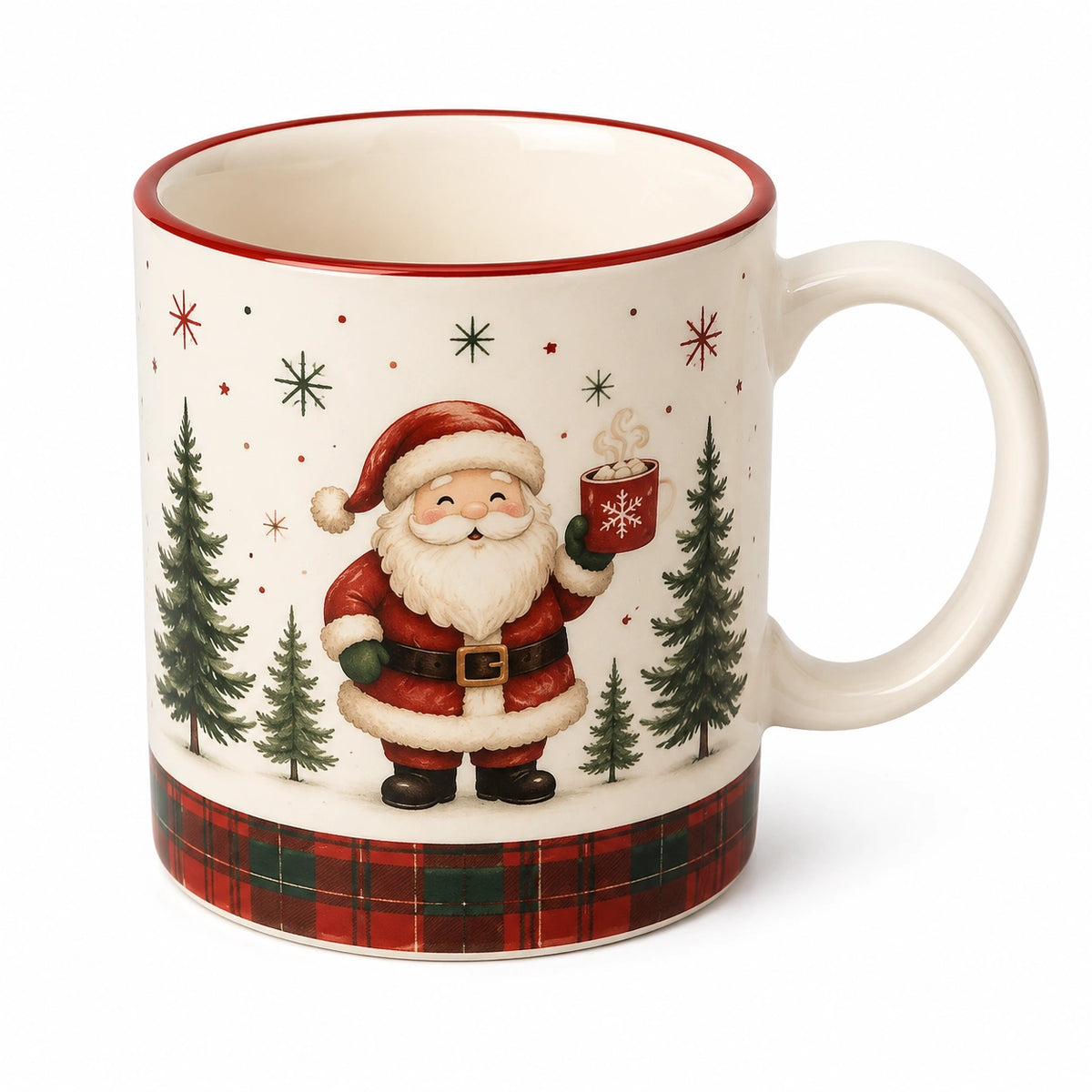 Keramiktasse 9.5 cm Weihnachtsmannmotiv in Creme Rot Grün - 0.35 L Henkelbecher