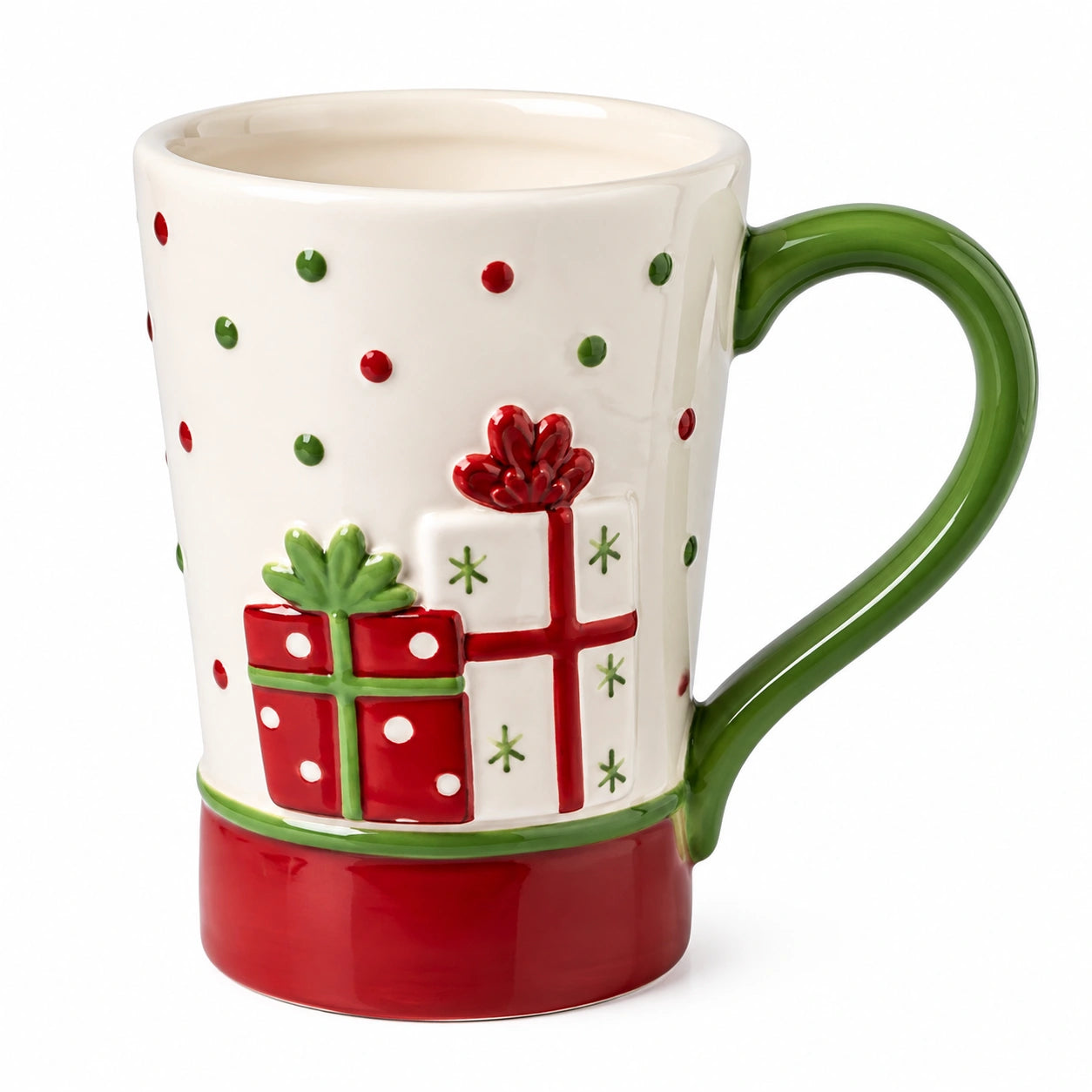 Keramiktasse 12 cm Creme Rot Grün mit Geschenkdekor und Henkel