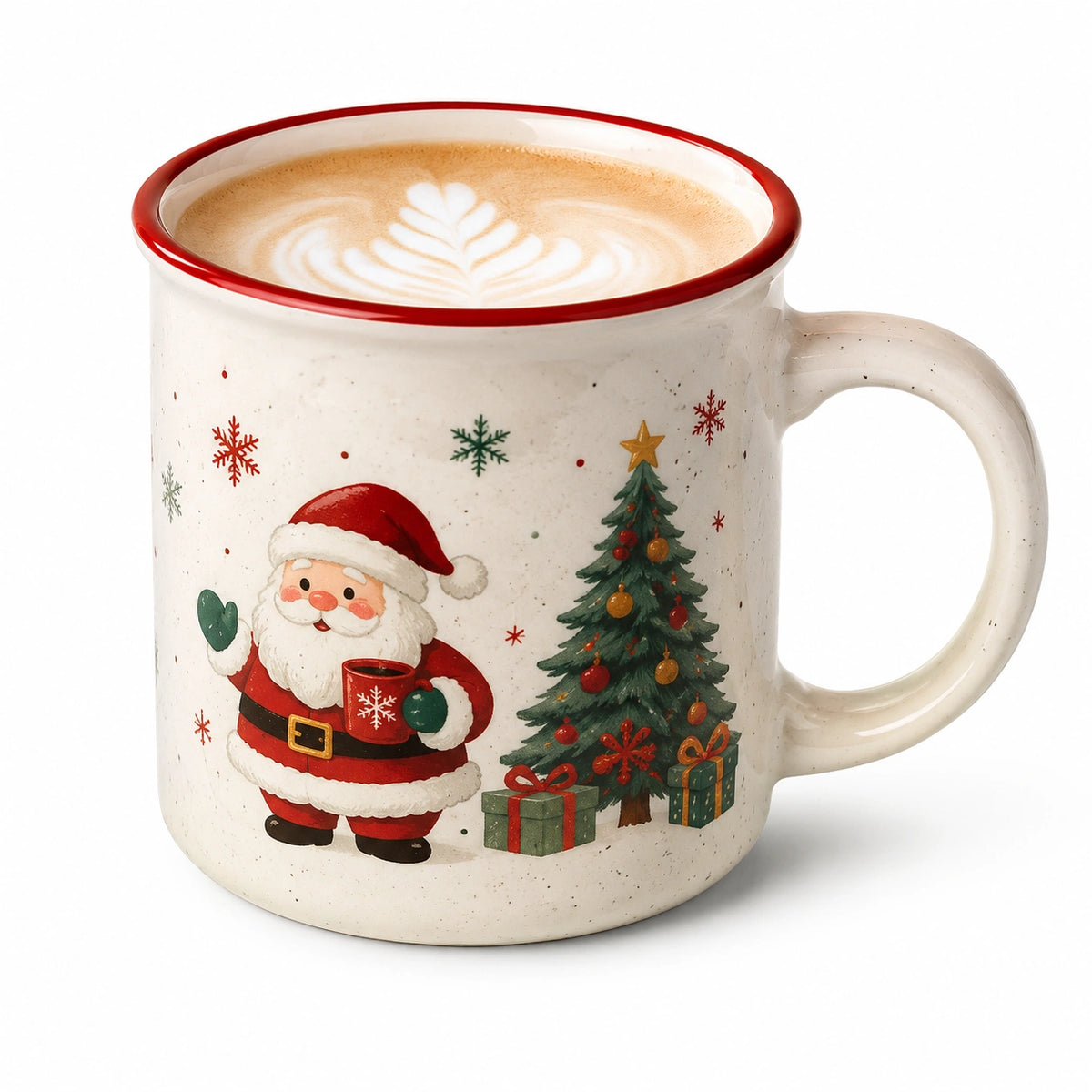 Keramiktasse 9.5 cm Cremeweiß Rot für Heißgetränke mit Weihnachtsmotiv