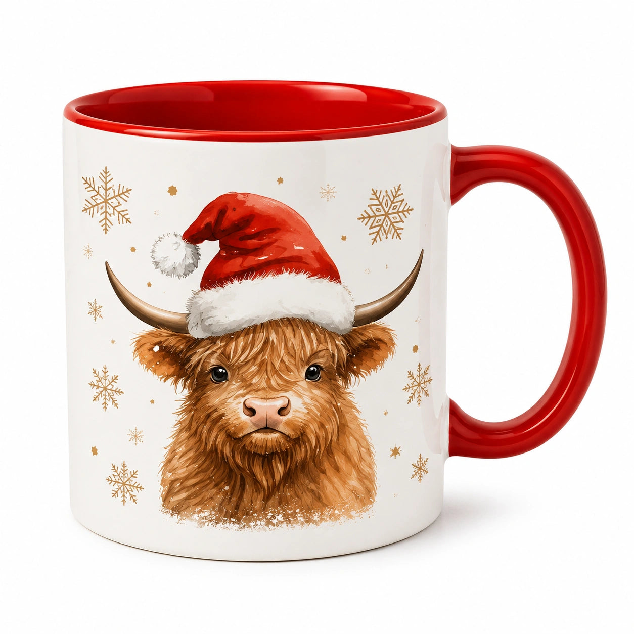 Keramiktasse 0.33 L Weiß Rot mit Highlandrind Weihnachtsmotiv
