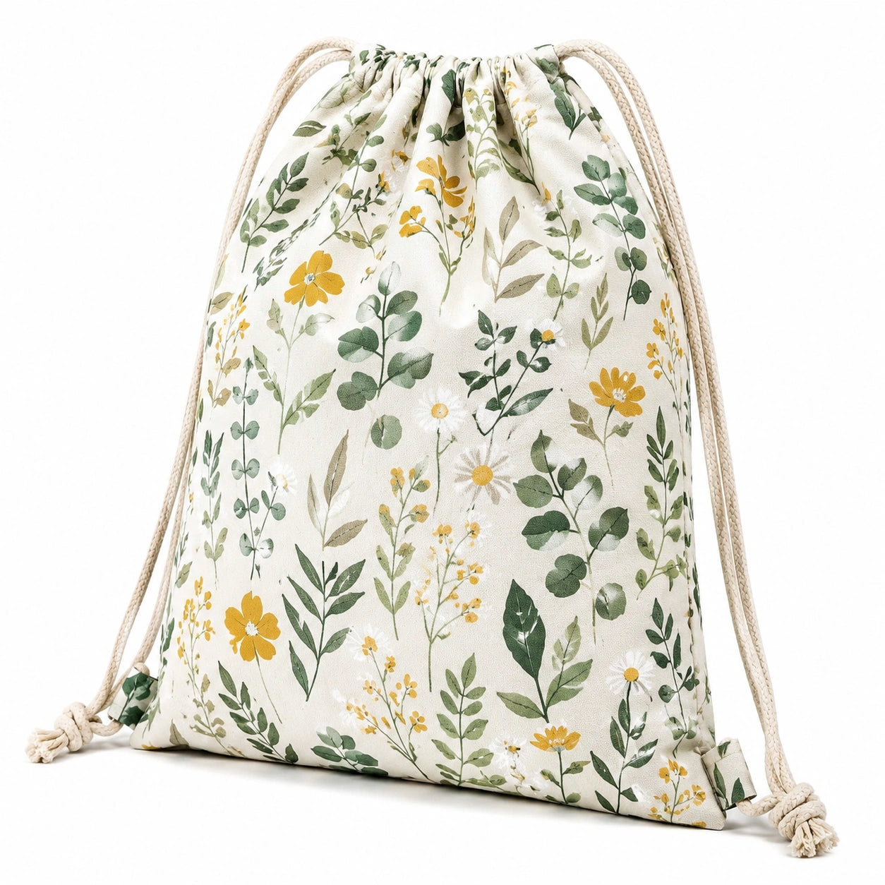 Turnbeutel Textil Cremegrün mit Blumenmuster und Kordelzug